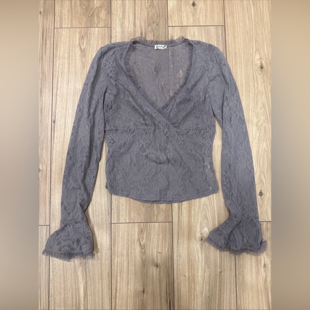 Free People Intimately Top Medium Grey Lace Ruffle Sheer Floral Bell Sleeve